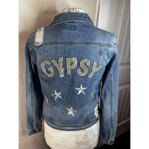 Judith March Distressed Jean Jacket Rhinestone Gypsy W/ Embroidered Stars Boho M - Picture 3 of 16